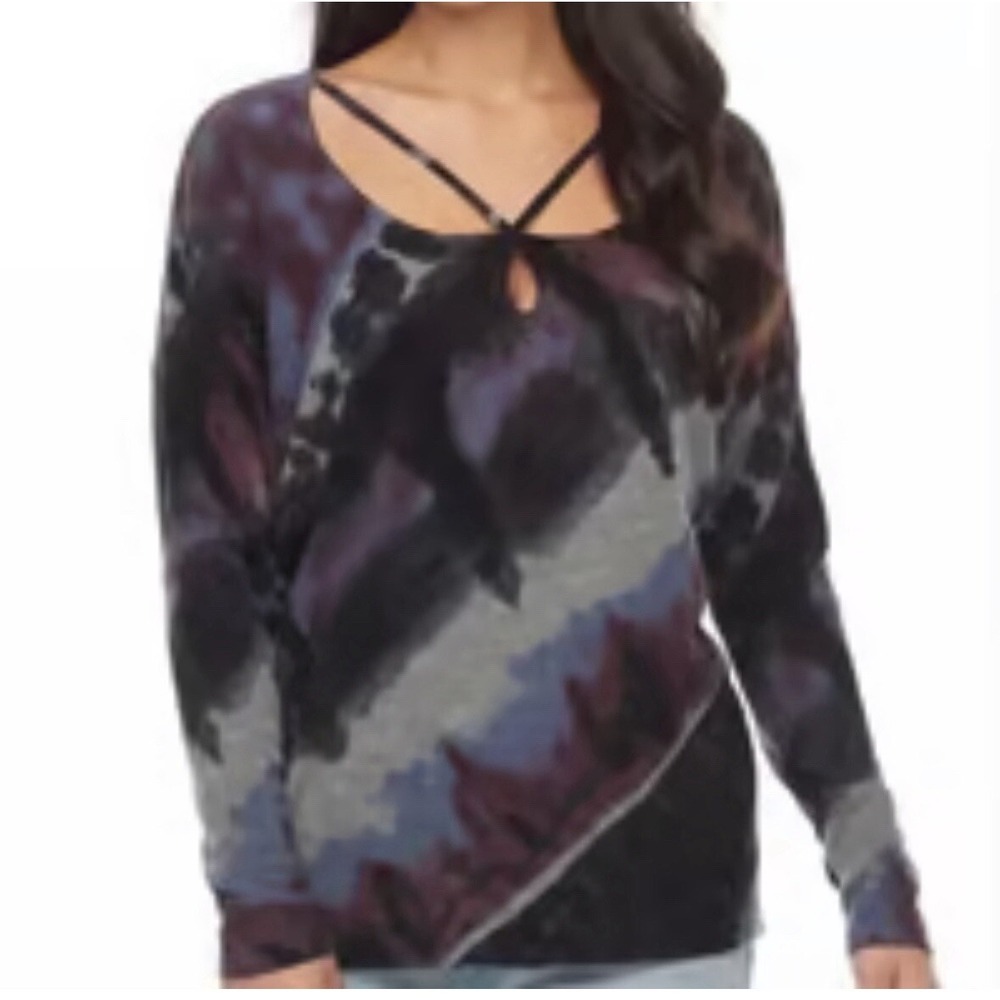 Womens XS Rock & Republic Keyhole Ribbed Knit Dolman Sleeve Sweater Purple Black